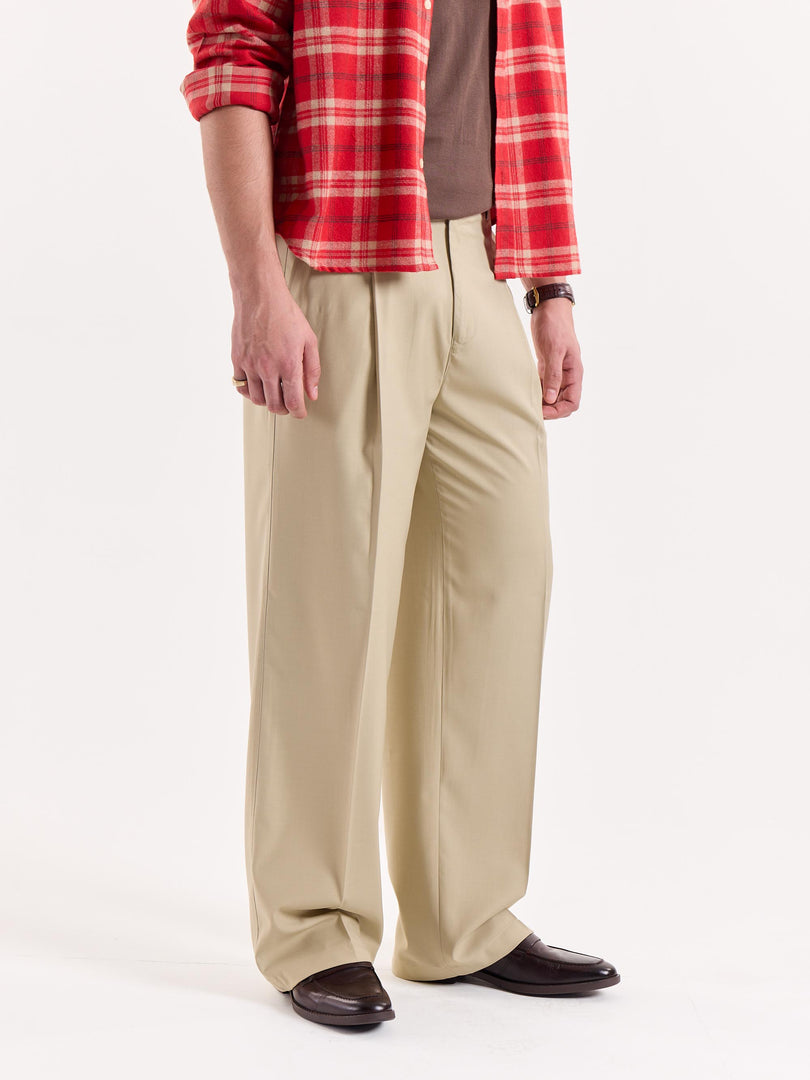 Beige Baggy Fit Trousers