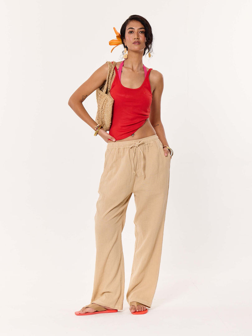 Beige Gauze Pull-on Pants
