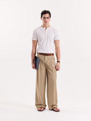Beige Pinstriped Baggy Fit Trousers