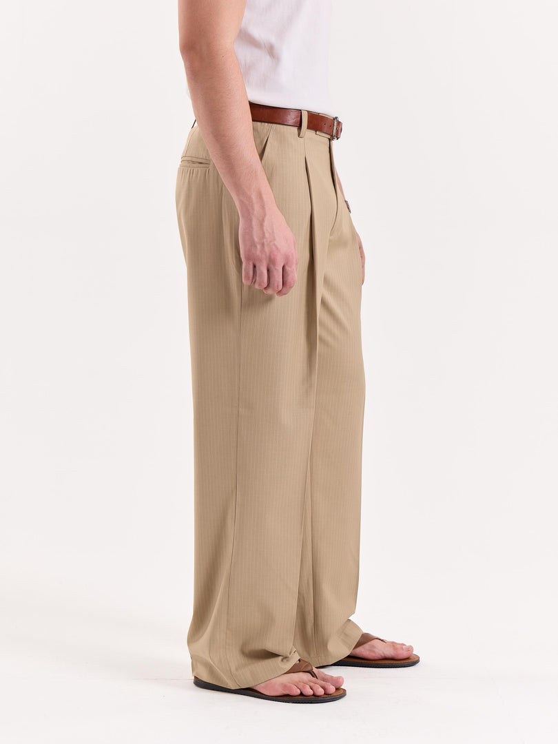 Beige Pinstriped Baggy Fit Trousers