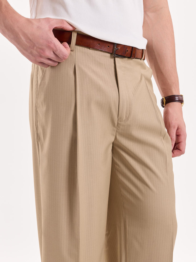 Beige Pinstriped Baggy Fit Trousers