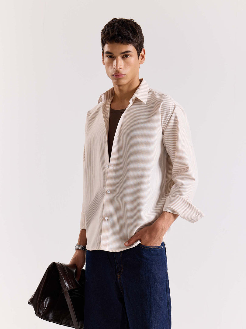 Relaxed Fit Beige Striped Shirt
