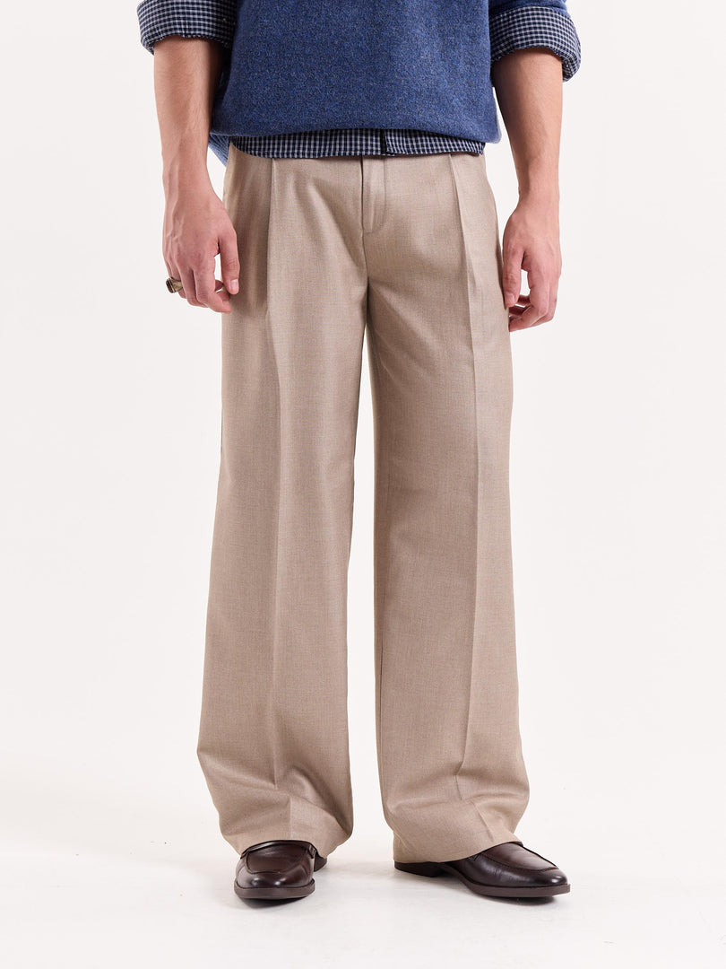 Beige Textured Baggy Fit Trousers