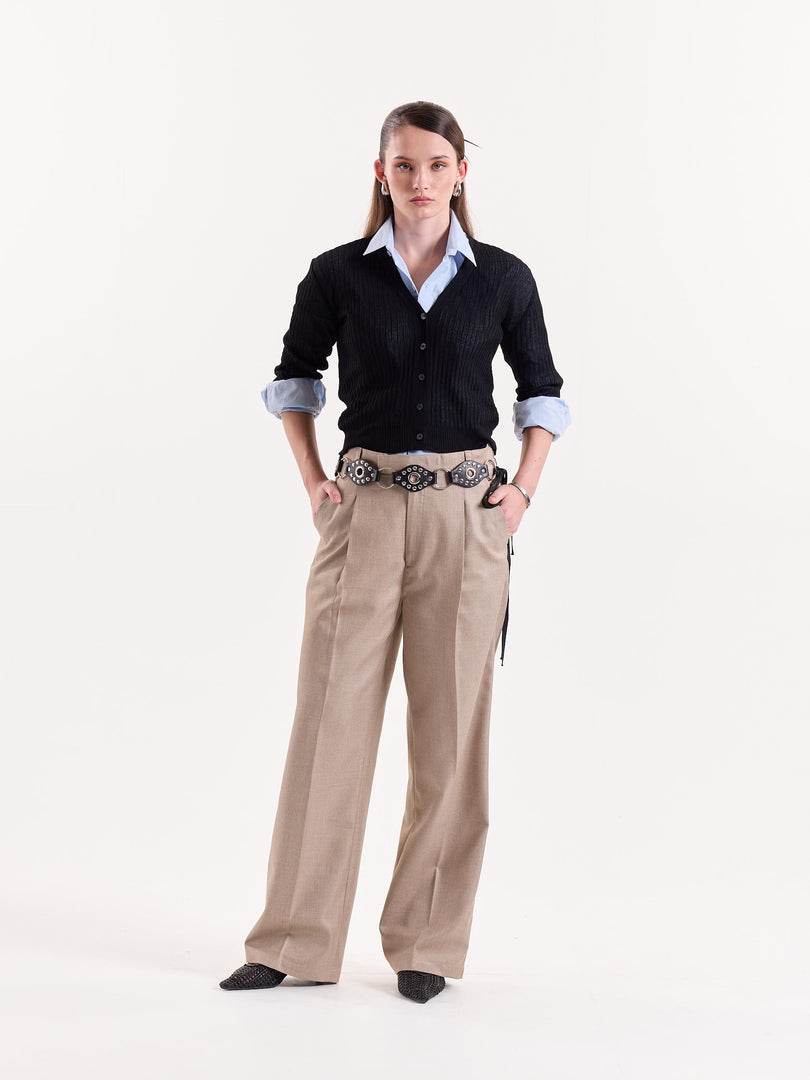 Beige Textured Baggy Fit Trousers
