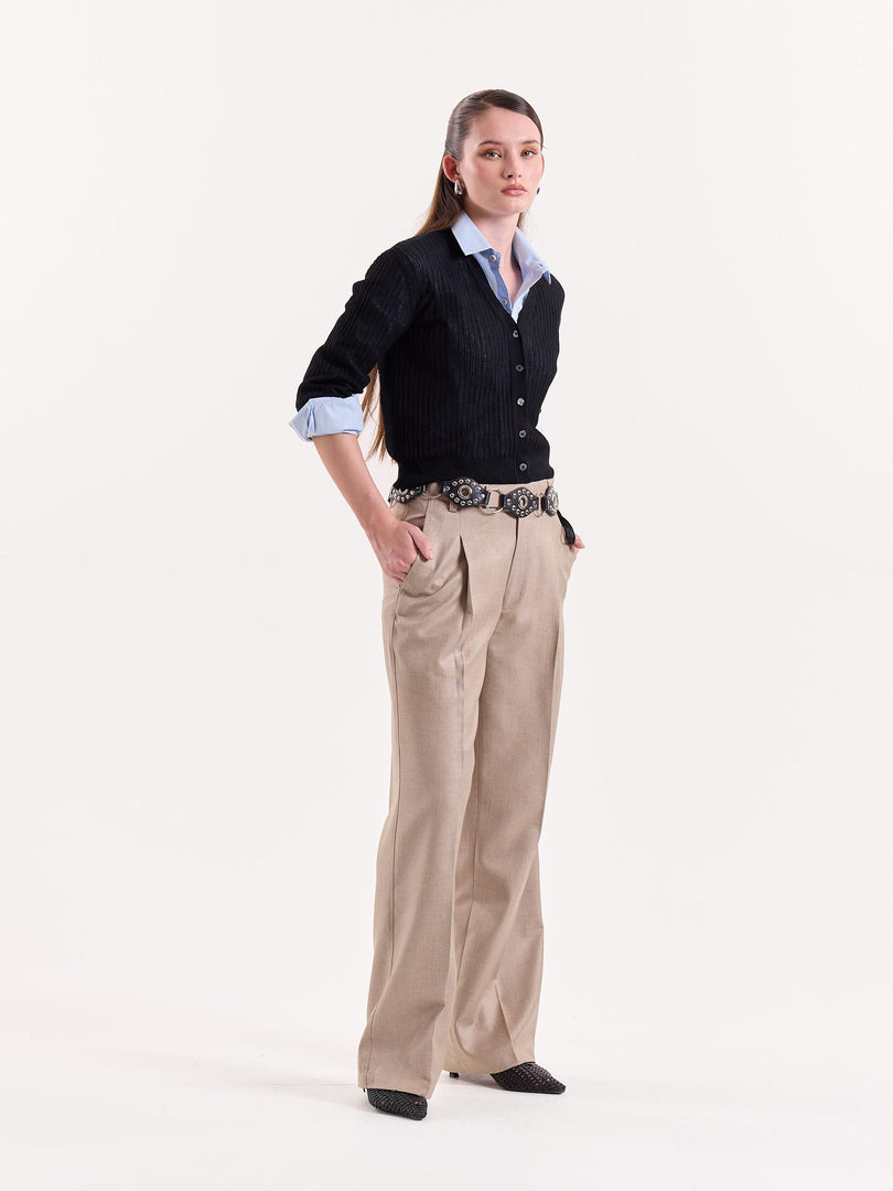 Beige Textured Baggy Fit Trousers