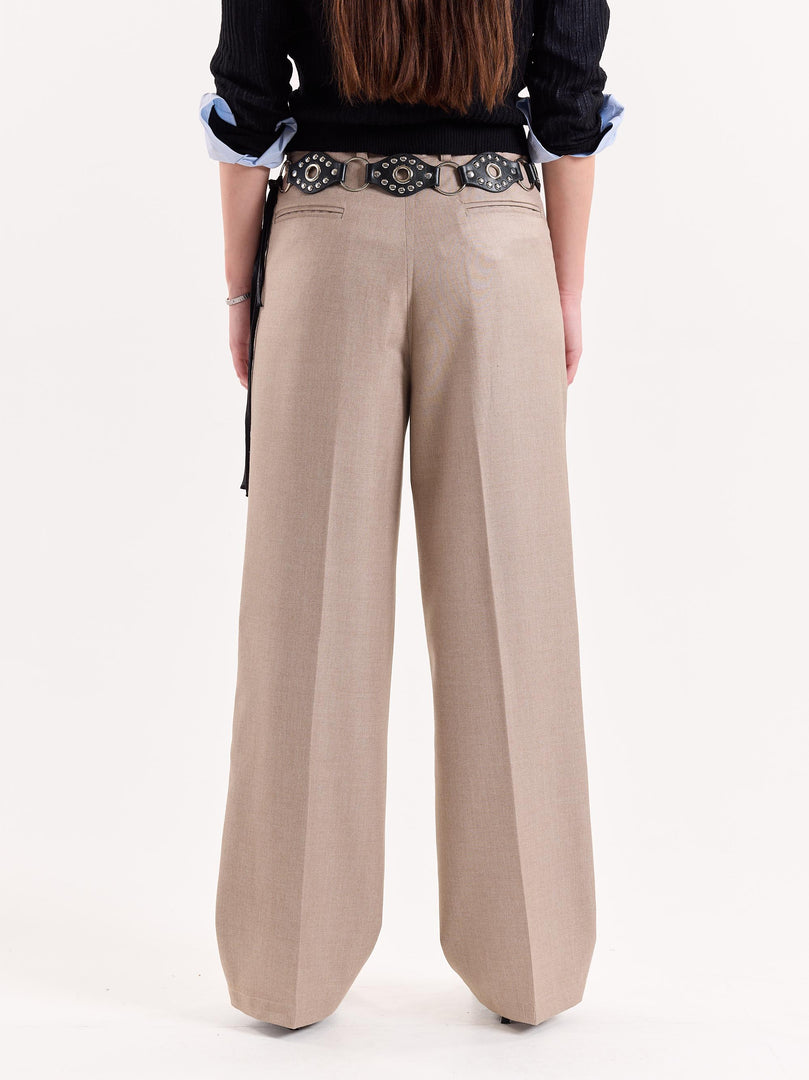 Beige Textured Baggy Fit Trousers
