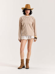 Beige & White Striped Loose Fit Cropped T-Shirt