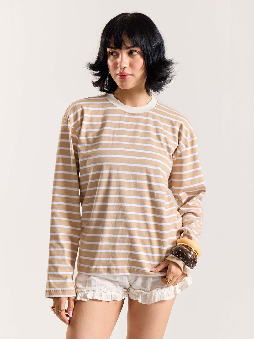 Beige & White Striped Loose Fit Cropped T-Shirt