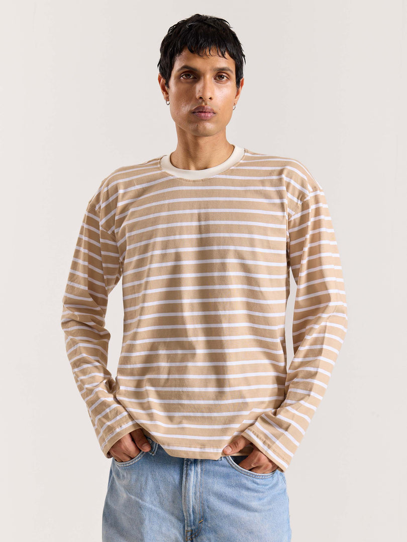 Beige & White Striped Loose Fit Cropped T-Shirt