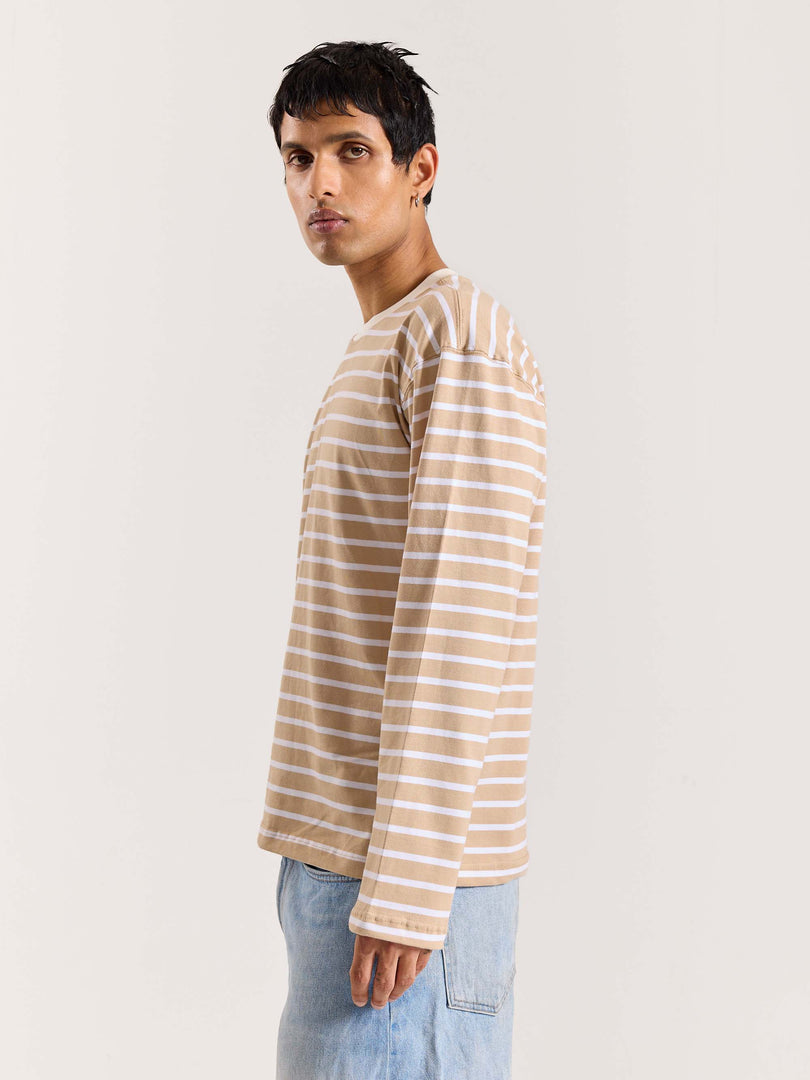 Beige & White Striped Loose Fit Cropped T-Shirt