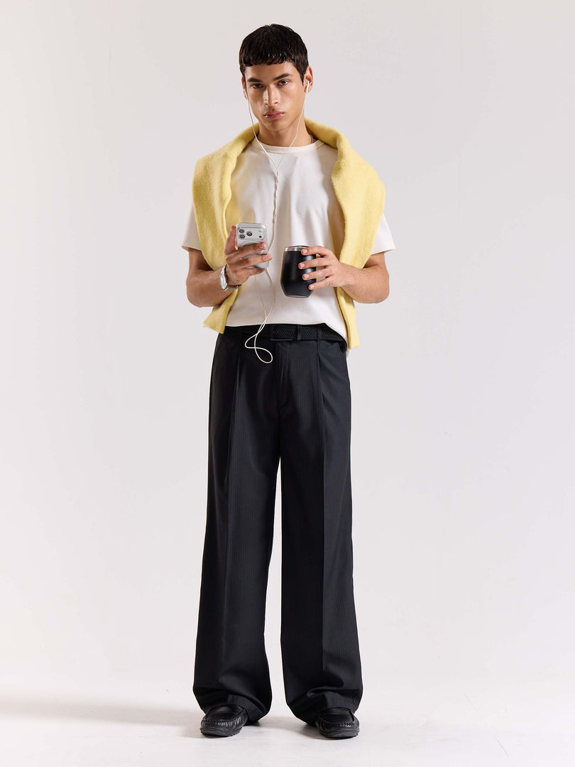 Black Pinstriped Baggy Fit Trousers