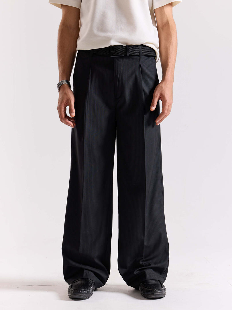 Black Pinstriped Baggy Fit Trousers