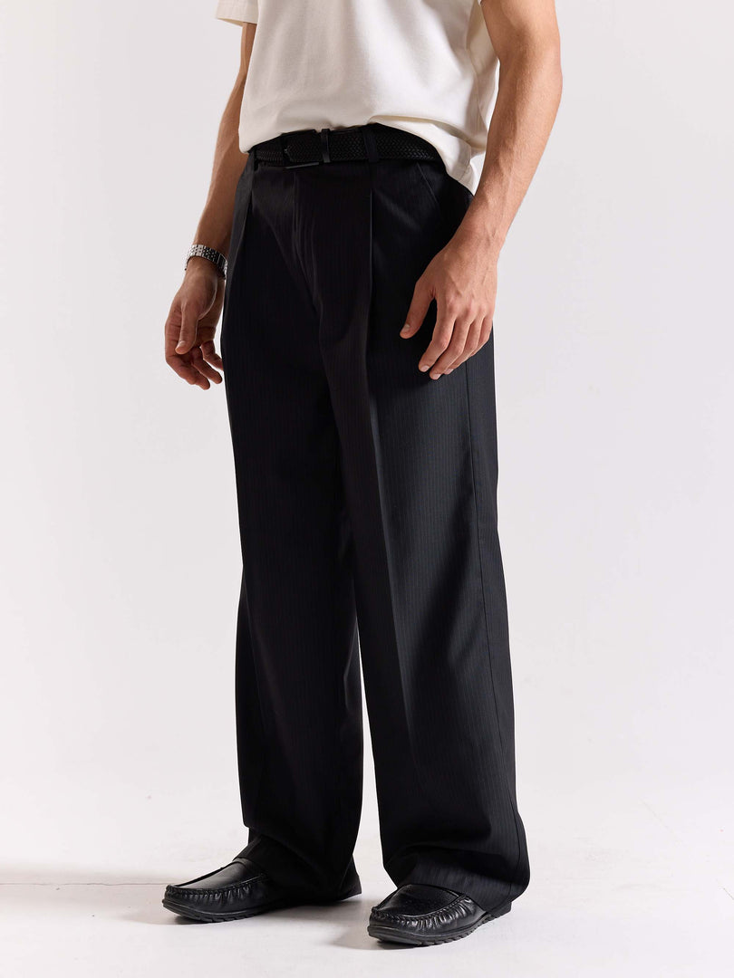 Black Pinstriped Baggy Fit Trousers