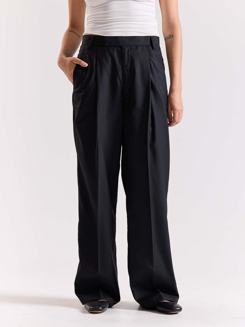 Black Pinstriped Baggy Fit Trousers