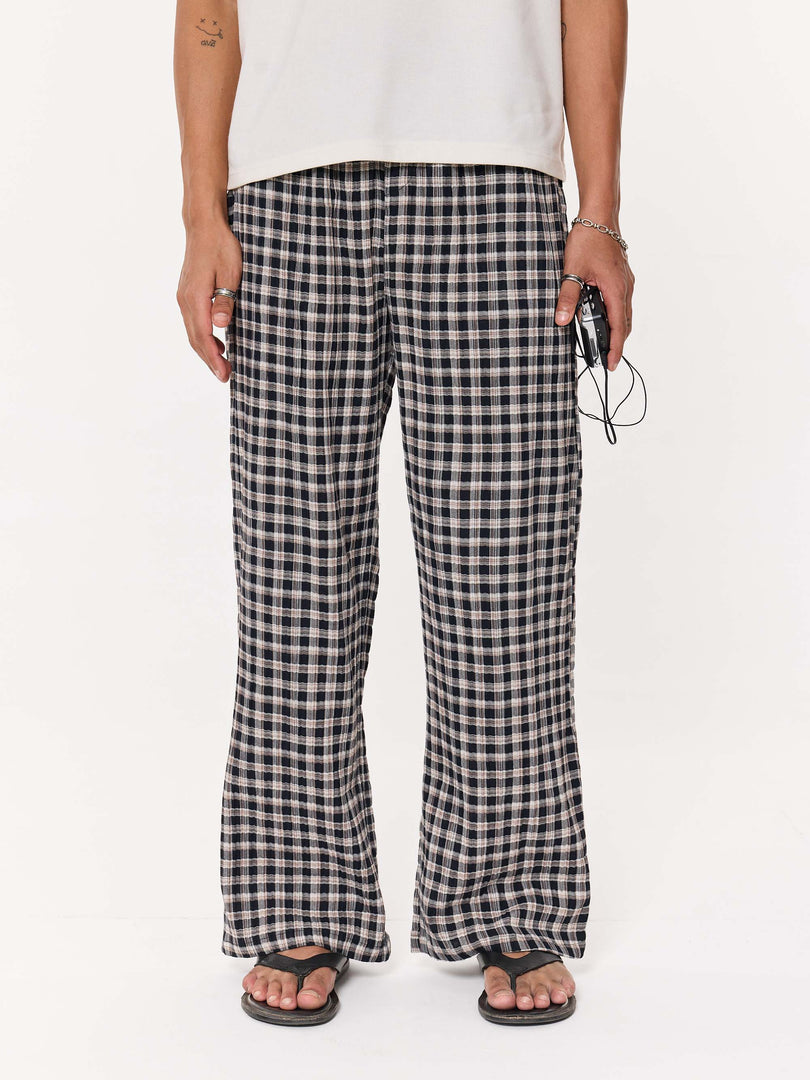 Black Checkered Seersucker Pull-on Pants