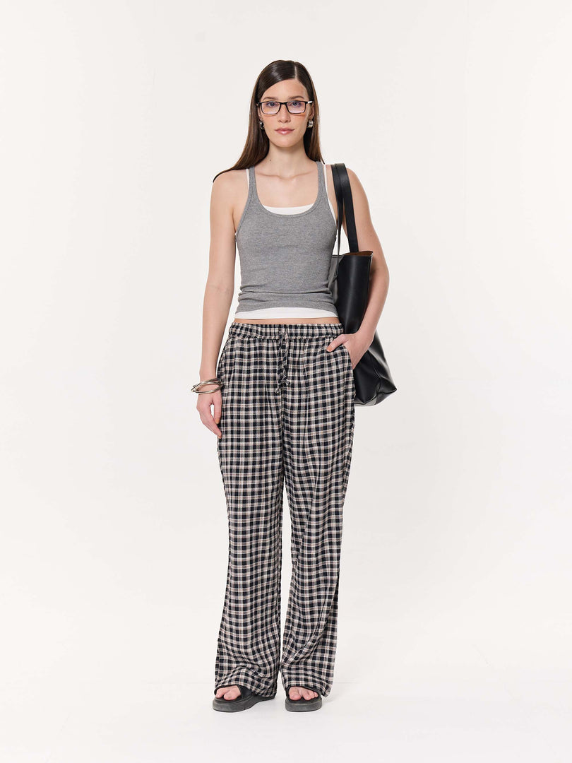 Black Checkered Seersucker Pull-on Pants