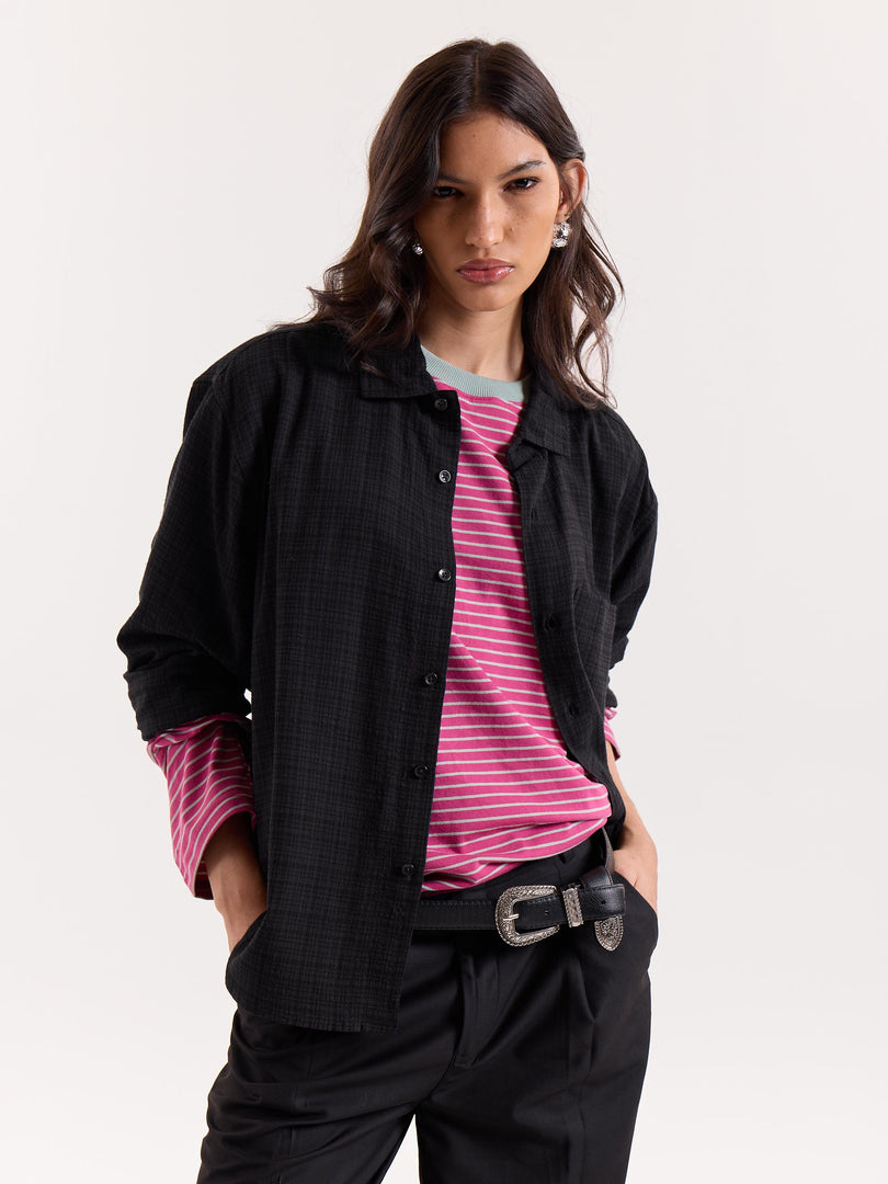 Black Checkered Textured Cropped Shirt