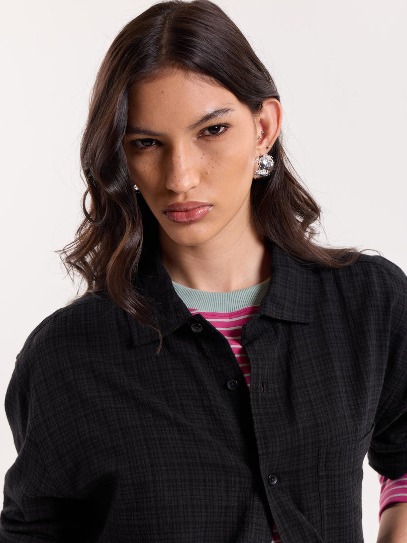 Black Checkered Textured Cropped Shirt