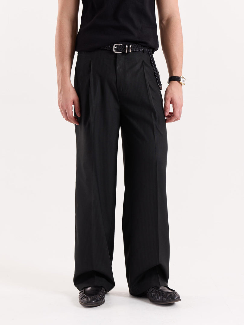 Black Pinstriped Baggy Fit Trousers