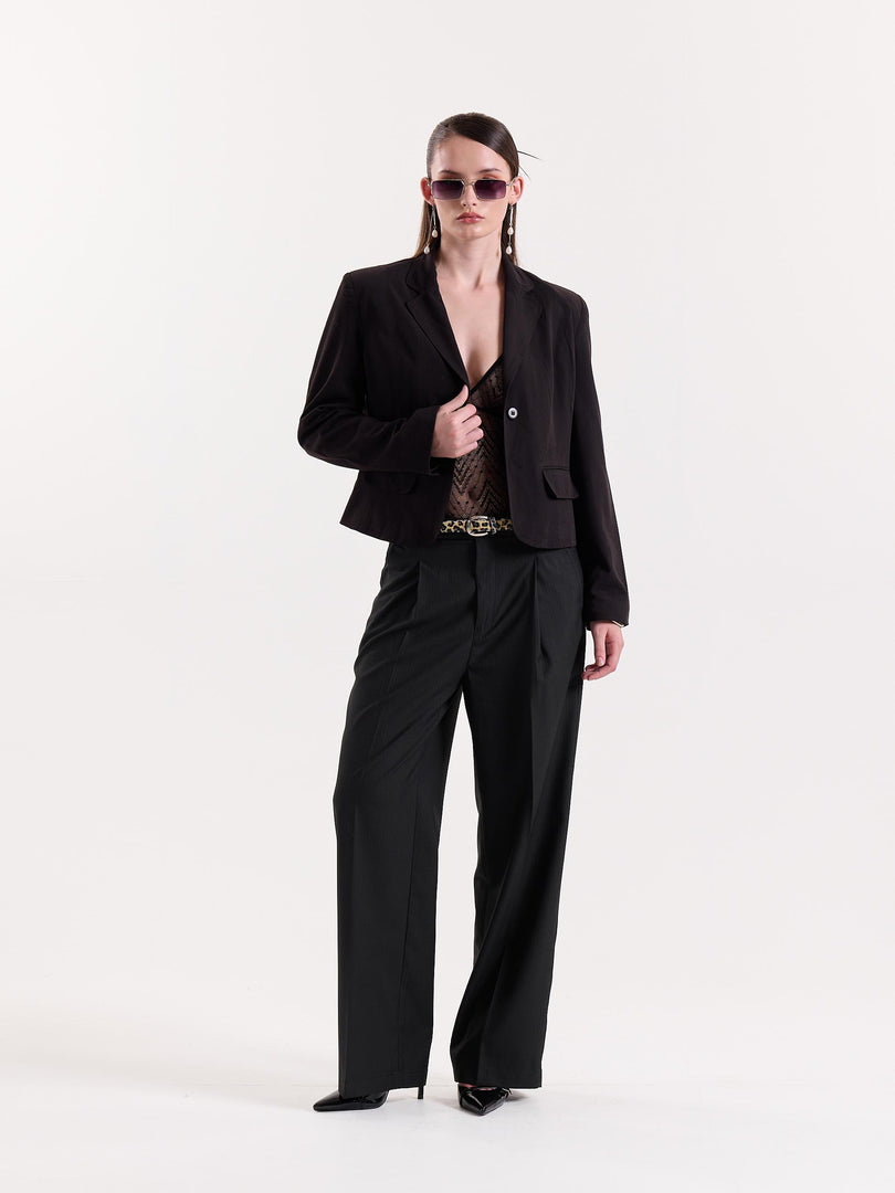 Black Pinstriped Baggy Fit Trousers