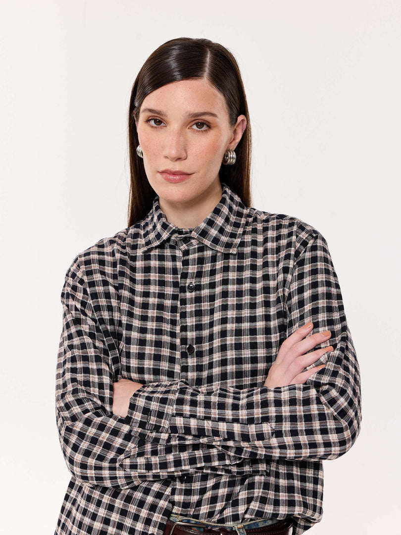 Black & Beige Checkered Oversized Cropped Shirt