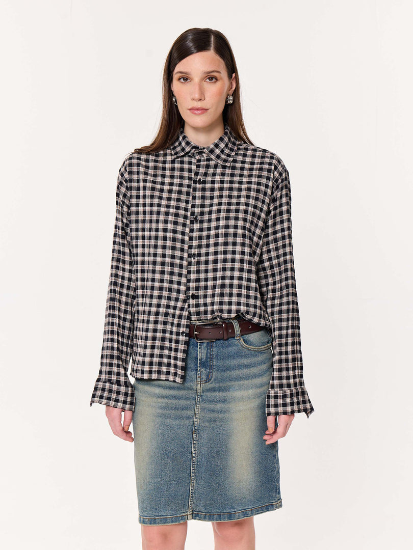 Black & Beige Checkered Oversized Cropped Shirt