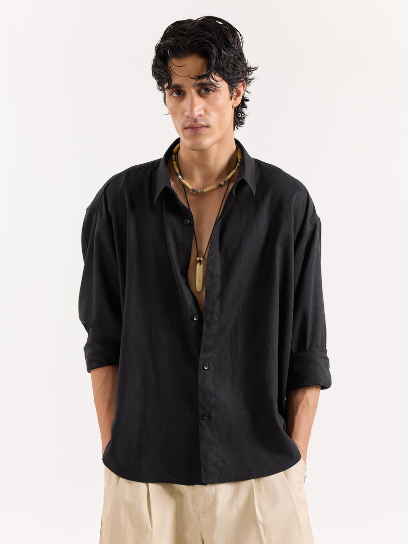 Black Linen Cropped Shirt