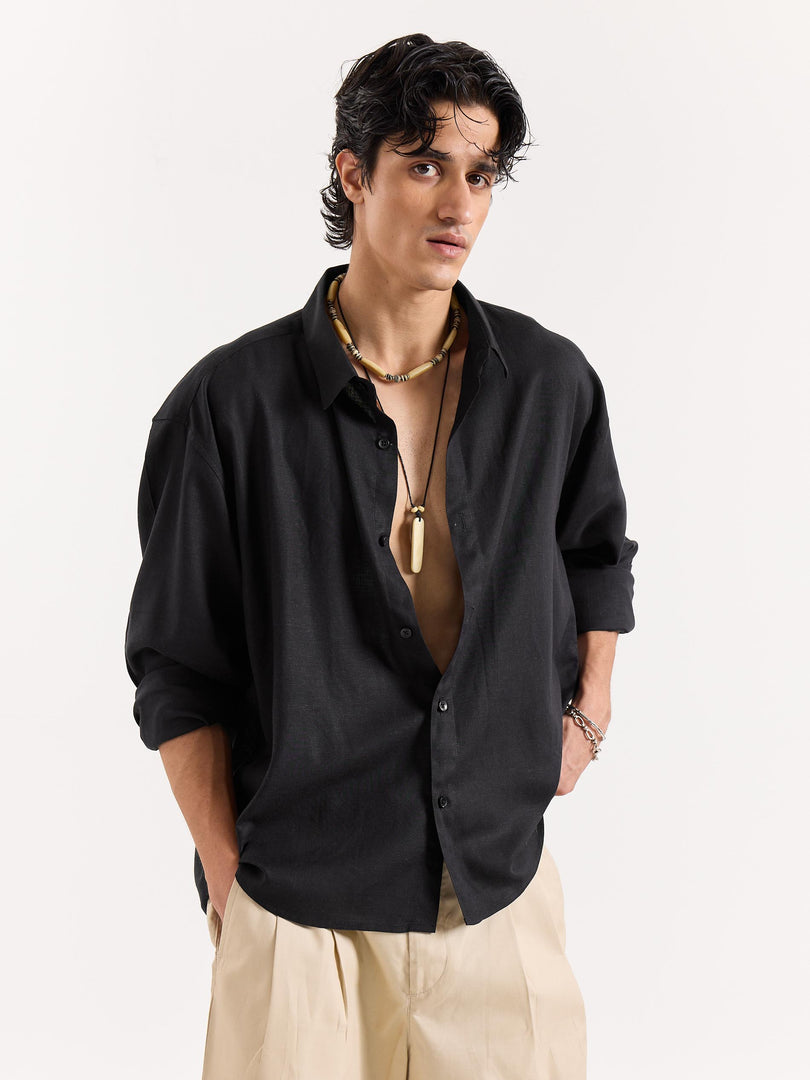Black Linen Cropped Shirt
