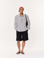 Load image into Gallery viewer, Black &amp; White Seersucker Oversized Cropped Shirt