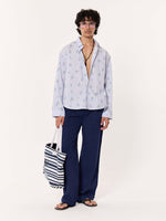 Load image into Gallery viewer, Blue Floral Pinstriped Printed Cropped Shirt