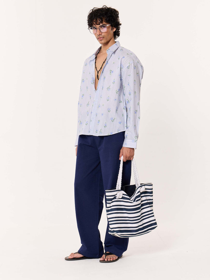 Blue Floral Pinstriped Printed Cropped Shirt