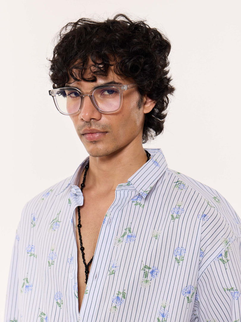 Blue Floral Pinstriped Printed Cropped Shirt