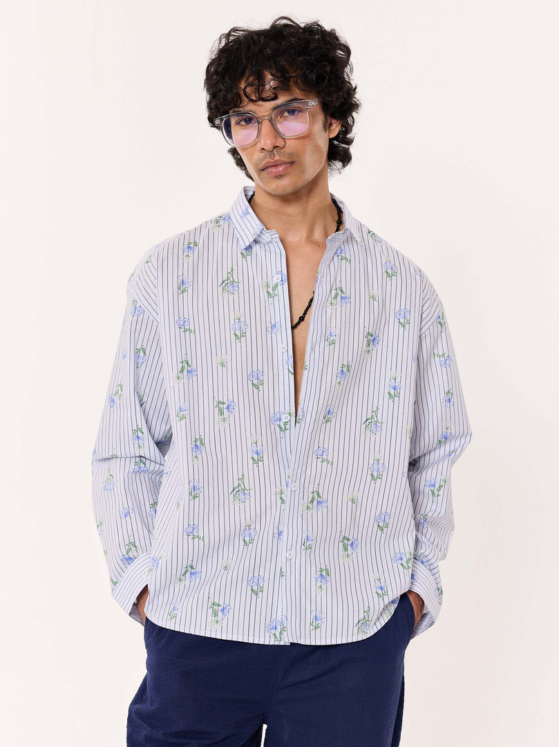Blue Floral Pinstriped Printed Cropped Shirt