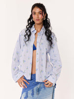 Load image into Gallery viewer, Blue Floral Pinstriped Printed Cropped Shirt