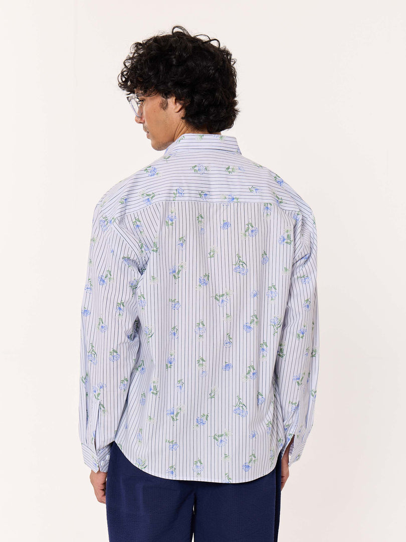 Blue Floral Pinstriped Printed Cropped Shirt