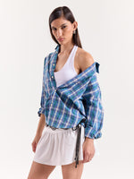 Load image into Gallery viewer, Blue Green &amp; White Checkered Cropped Poplin Shirt