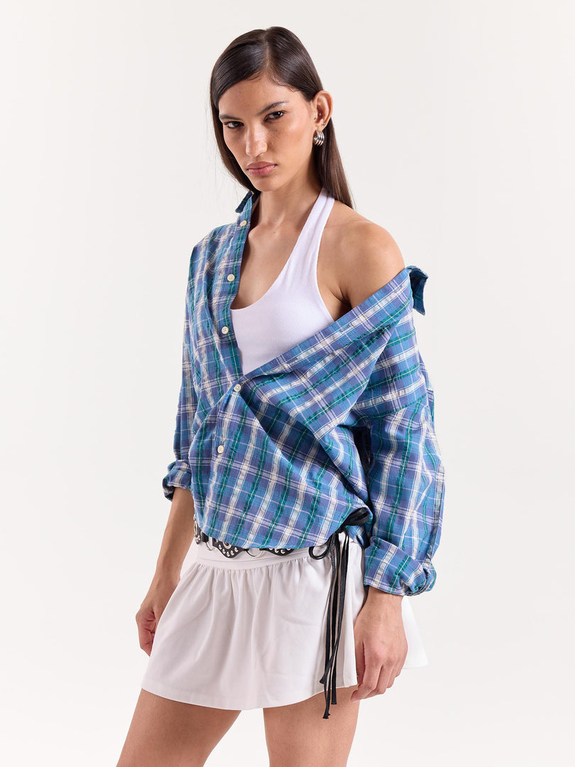 Blue Green & White Checkered Cropped Poplin Shirt