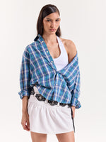 Load image into Gallery viewer, Blue Green &amp; White Checkered Cropped Poplin Shirt