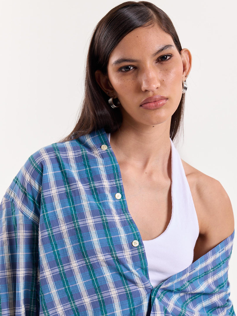 Blue Green & White Checkered Cropped Poplin Shirt