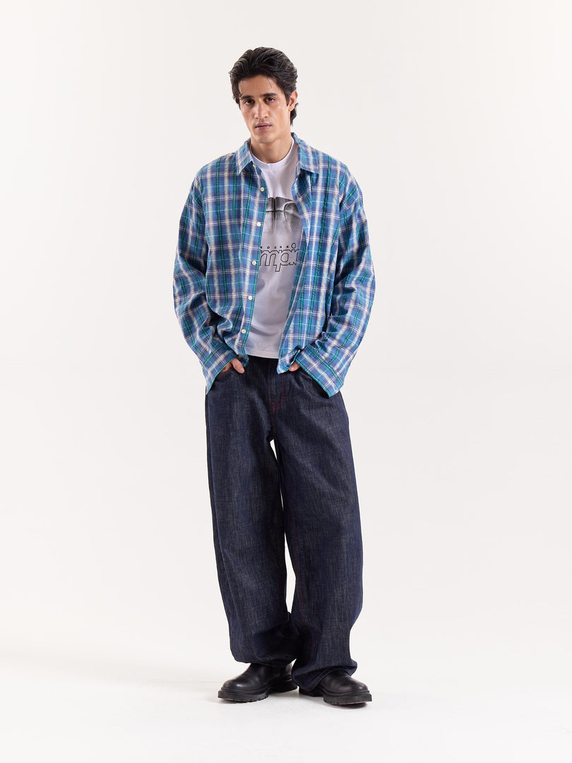 Blue Green & White Checkered Cropped Poplin Shirt