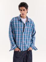 Load image into Gallery viewer, Blue Green &amp; White Checkered Cropped Poplin Shirt