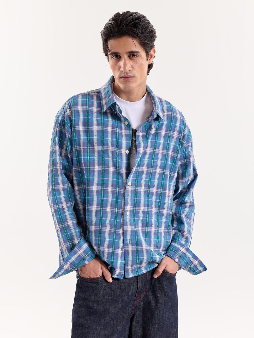 Blue Green & White Checkered Cropped Poplin Shirt