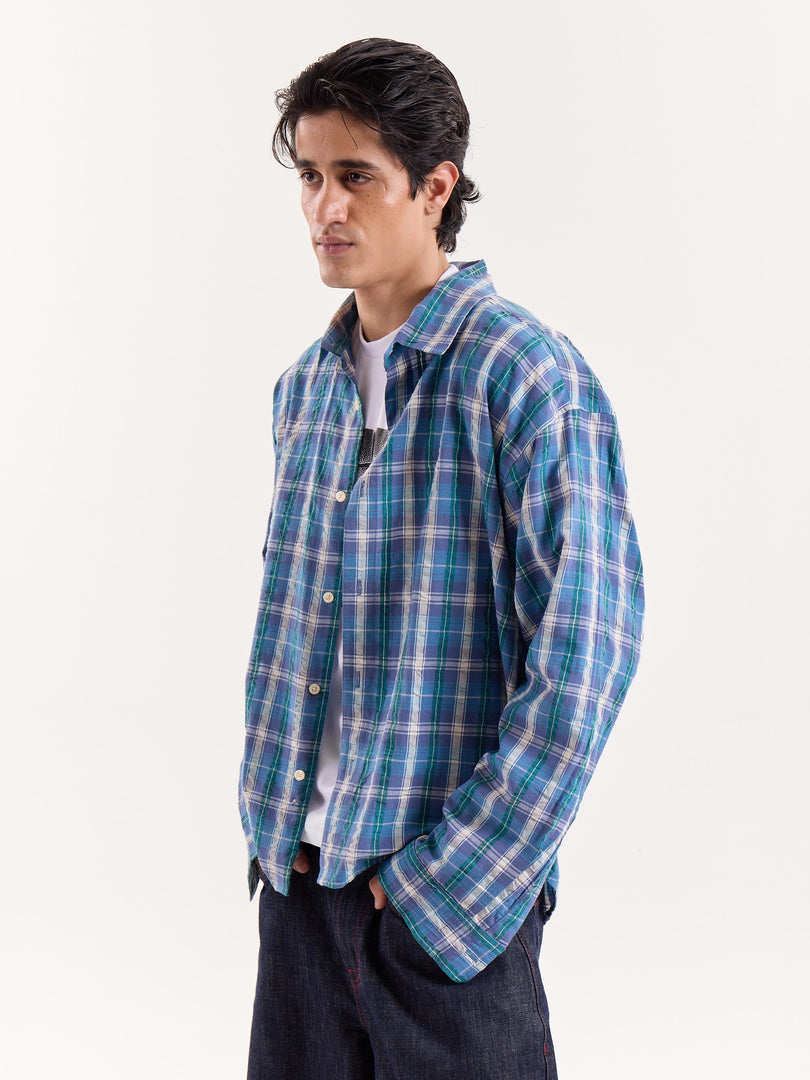 Blue Green & White Checkered Cropped Poplin Shirt