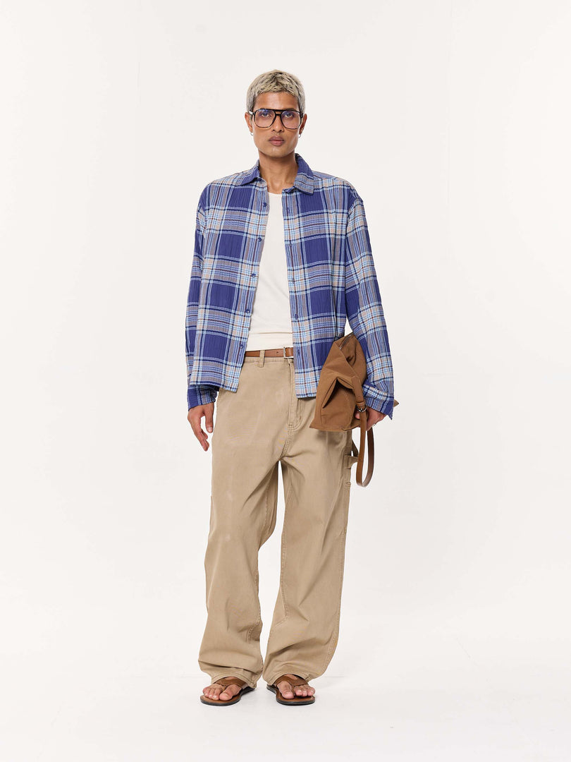 Blue Multichecked Oversized Cropped Shirt