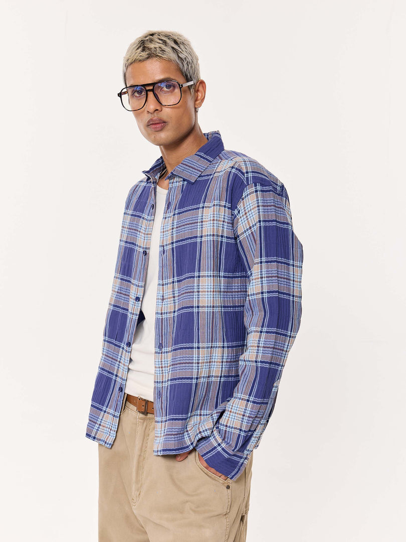 Blue Multichecked Oversized Cropped Shirt