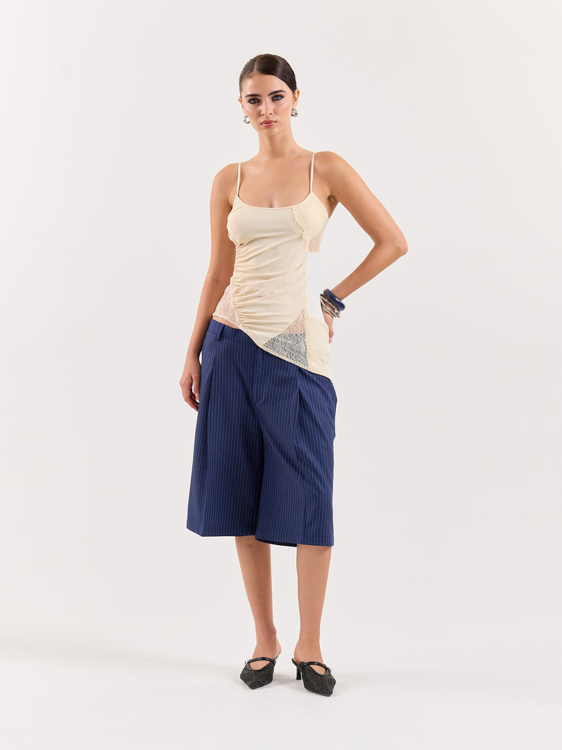 Blue Pinstriped Trouser Shorts