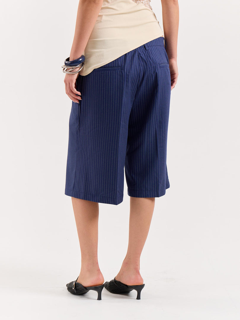 Blue Pinstriped Trouser Shorts