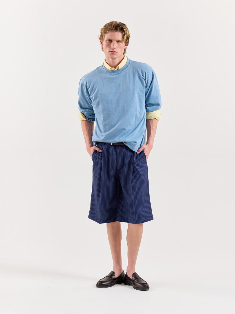 Blue Pinstriped Trouser Shorts