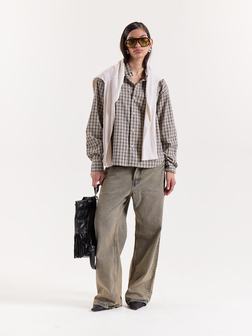 Blue & Beige Checkered Cropped Shirt