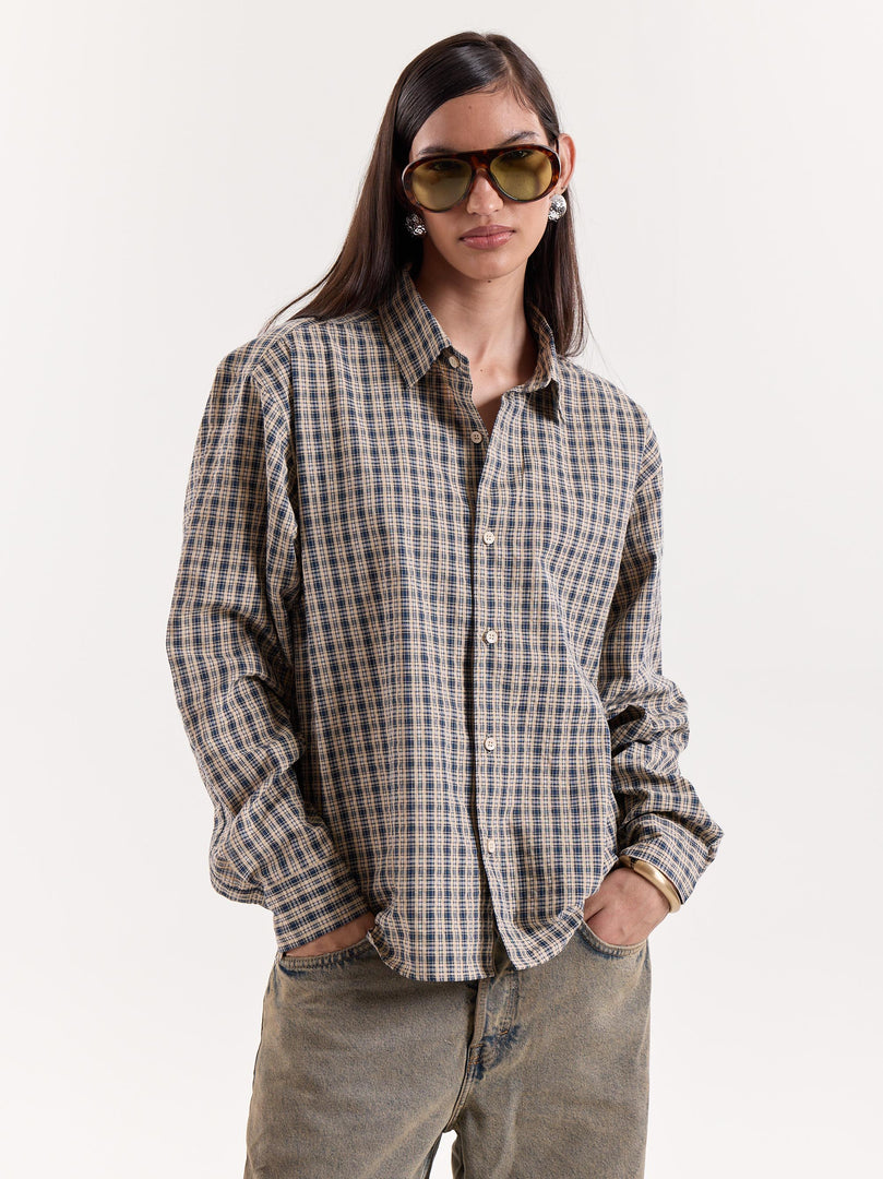 Blue & Beige Checkered Cropped Shirt